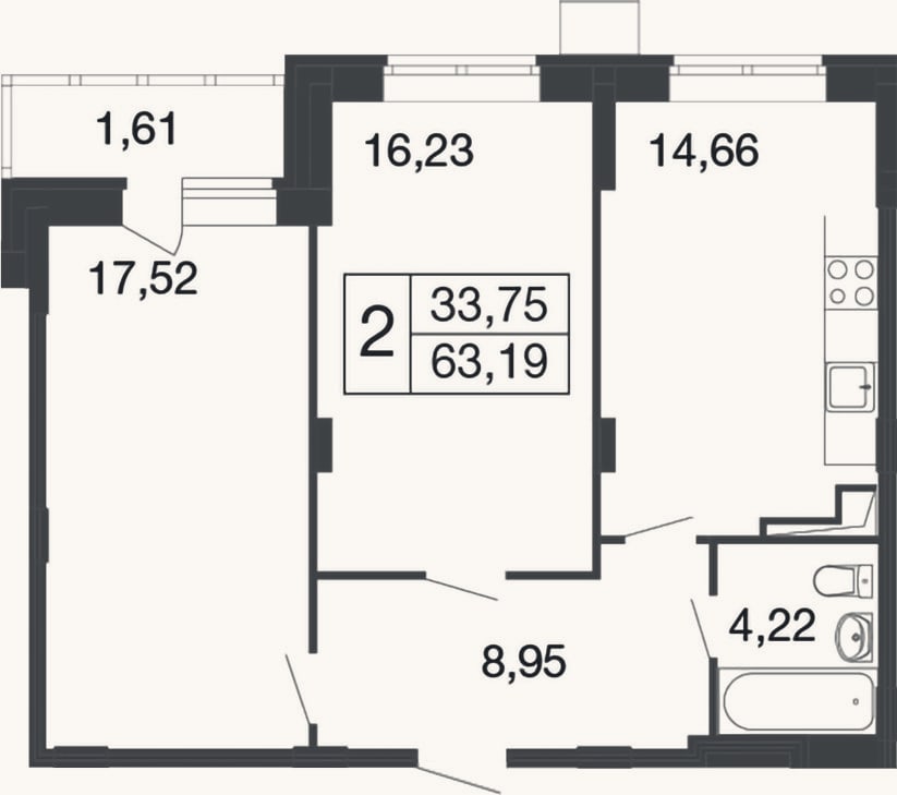 Планировка: 2-к, 61,6 м²