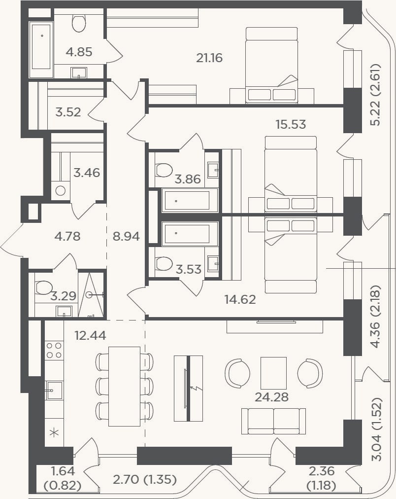 Планировка: 4+ к, 124,3 м²