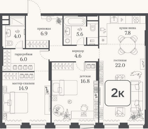 Планировка: 2-к, 88,6 м²