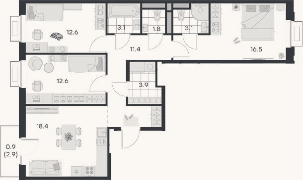 Планировка: 3-к, 83,4 м²
