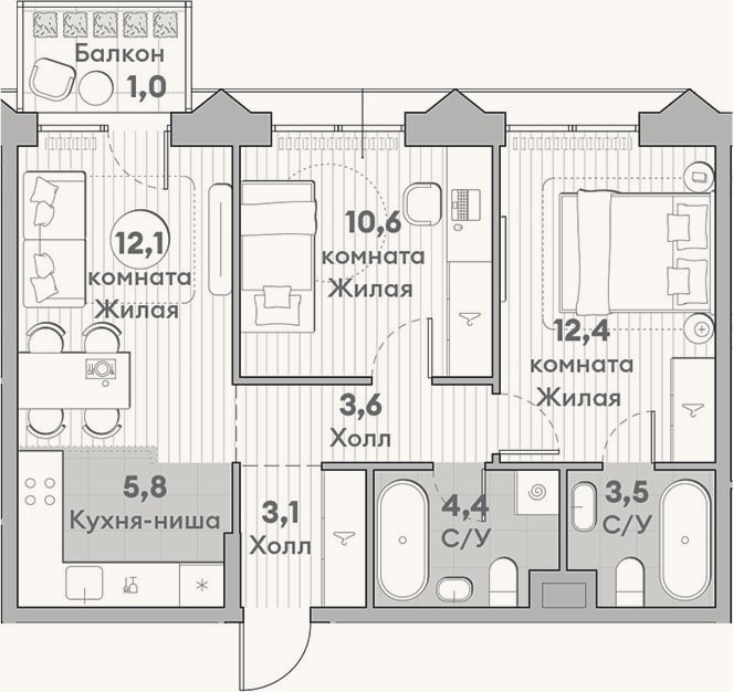 Планировка: 3-к, 55,5 м²