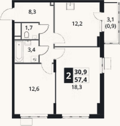 Планировка: 2-к, 56,5 м²