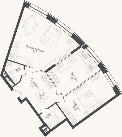 Планировка: 3-к, 77,5 м²