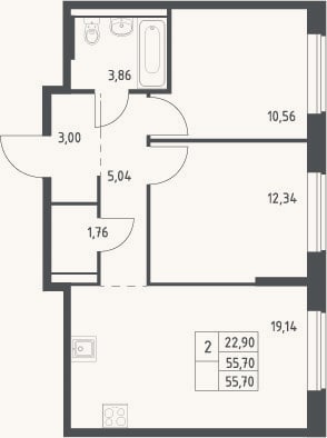 Планировка: 3-к, 55,7 м²