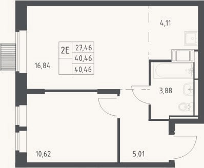 Планировка: 2-к, 40,5 м²