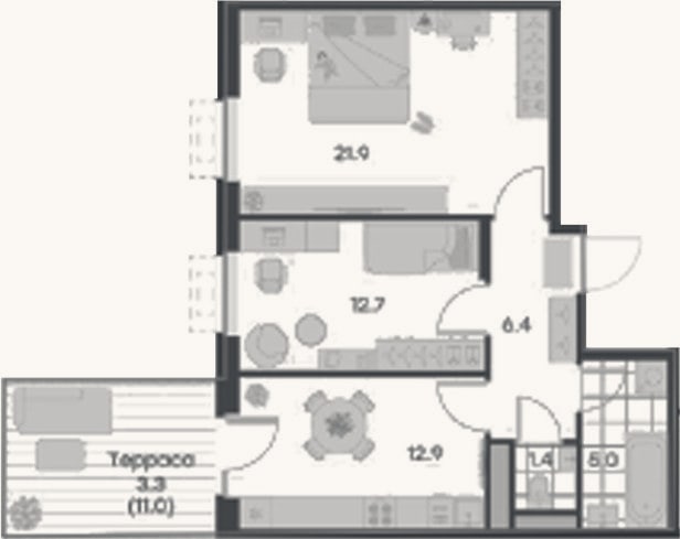 Планировка: 2-к, 60,3 м²