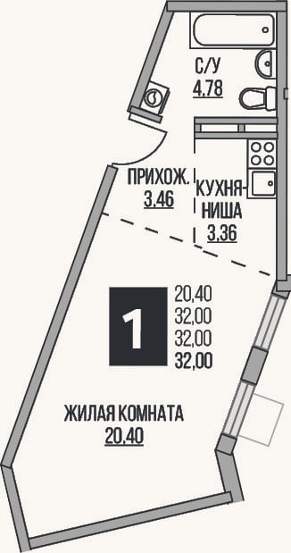 Планировка: Студия, 32 м²