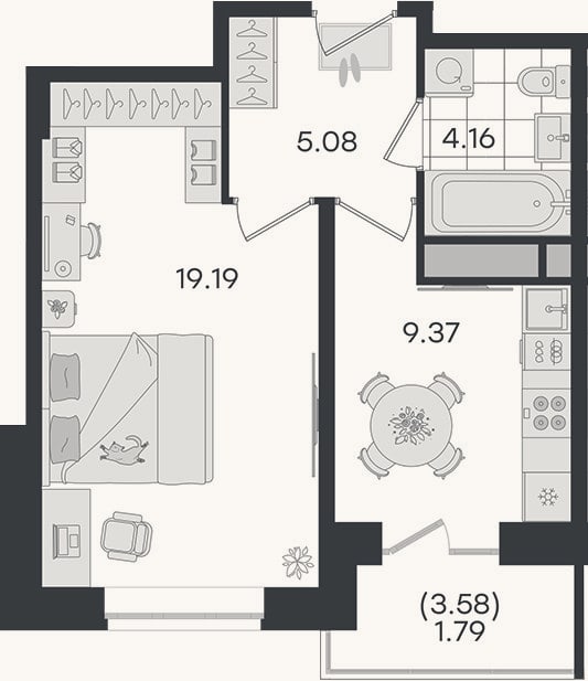 Планировка: 1-к, 37,8 м²