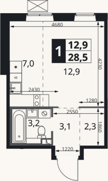 Планировка: Студия, 28,5 м²