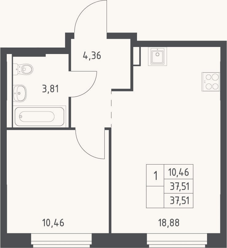 Планировка: 2-к, 37,5 м²