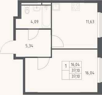 Планировка: 1-к, 37,1 м²