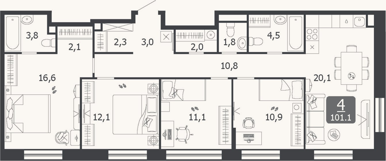 Планировка: 4+ к, 101,1 м²