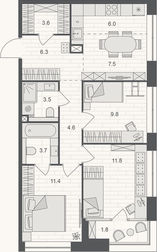 Планировка: 4+ к, 68,2 м²