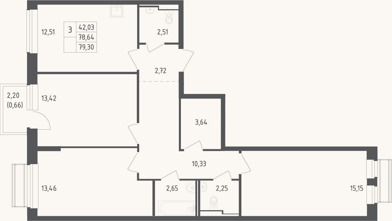 Планировка: 3-к, 78,6 м²