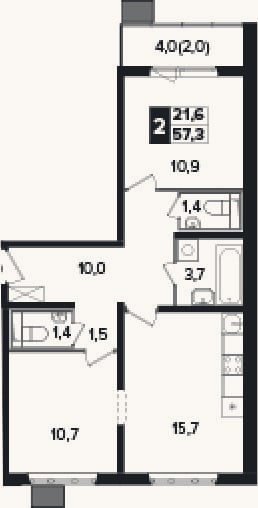 Планировка: 2-к, 55,3 м²