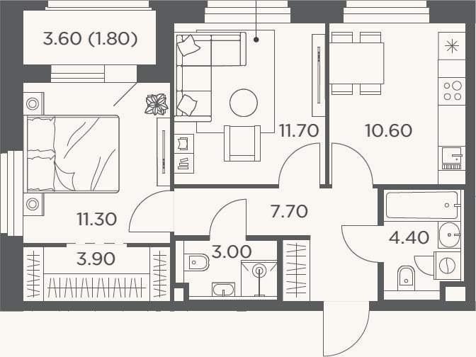 Планировка: 2-к, 52,6 м²