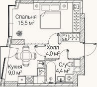Планировка: 1-к, 32,8 м²