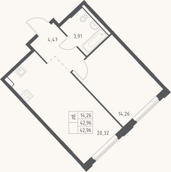 Планировка: 2-к, 43 м²