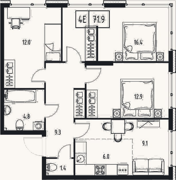 Планировка: 4+ к, 71,9 м²