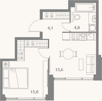 Планировка: 1-к, 37,5 м²