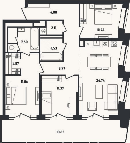 Планировка: 3-к, 93,9 м²