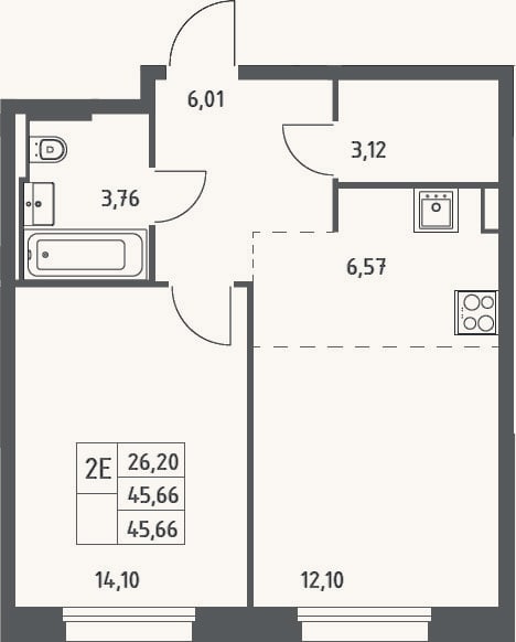 Планировка: 2-к, 45,7 м²