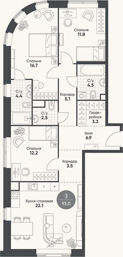 Планировка: 4+ к, 93 м²