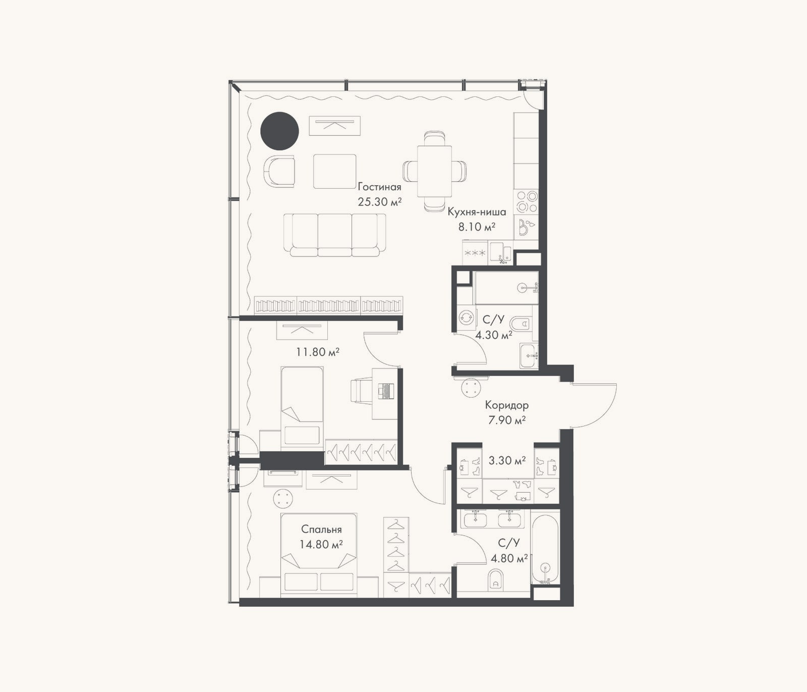 Планировка: 3-к, 80,3 м²