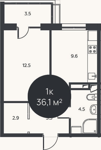 Планировка: 1-к, 35 м²