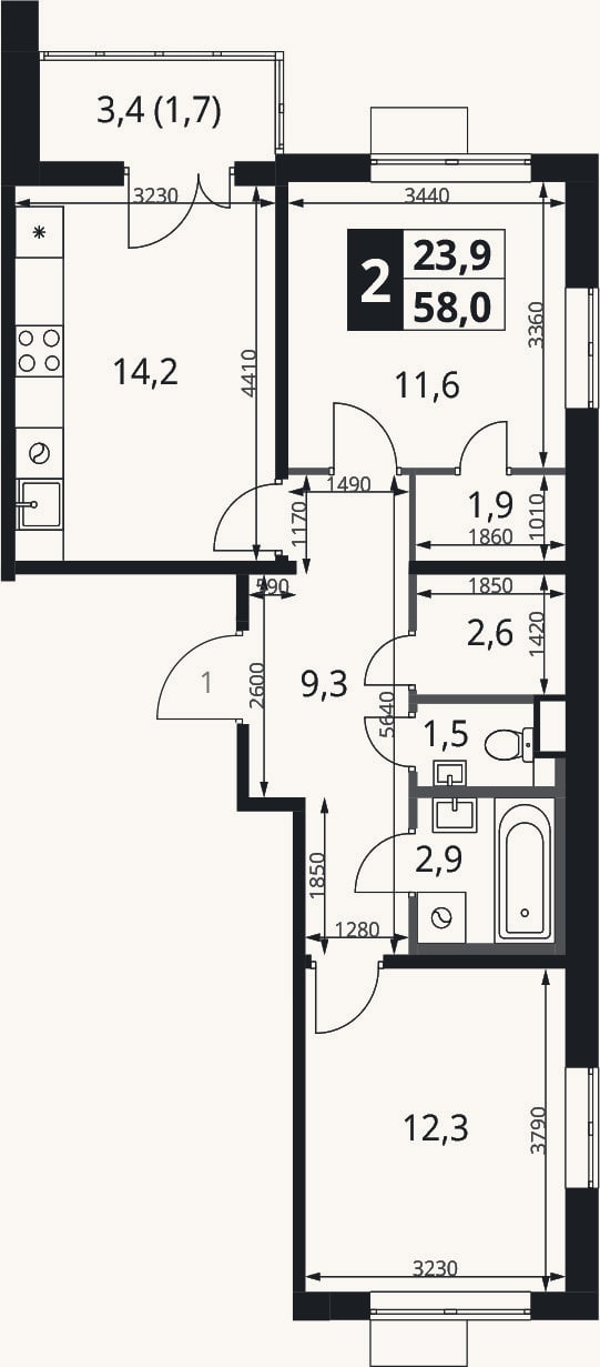 Планировка: 2-к, 56,3 м²