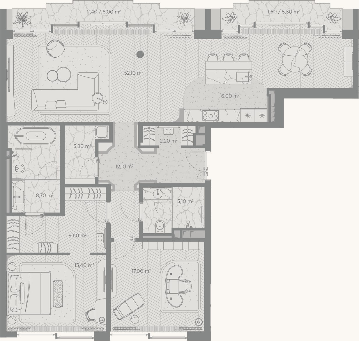 Планировка: 2-к, 132 м²