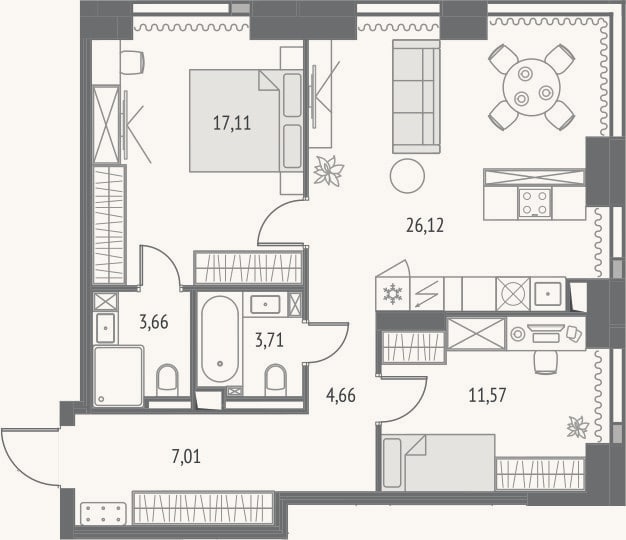 Планировка: 3-к, 73,8 м²