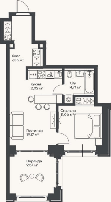 Планировка: 2-к, 44,3 м²