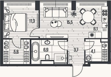 Планировка: 2-к, 53,4 м²