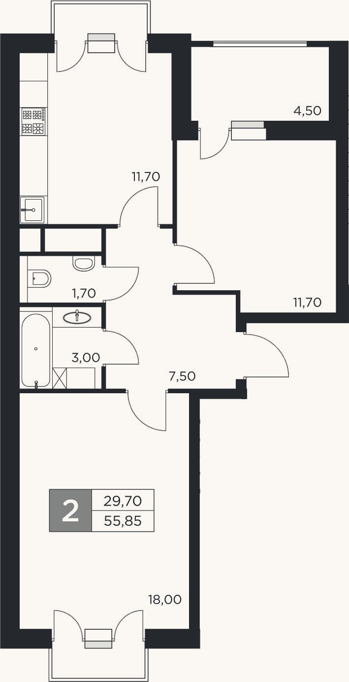 Планировка: 2-к, 53,6 м²