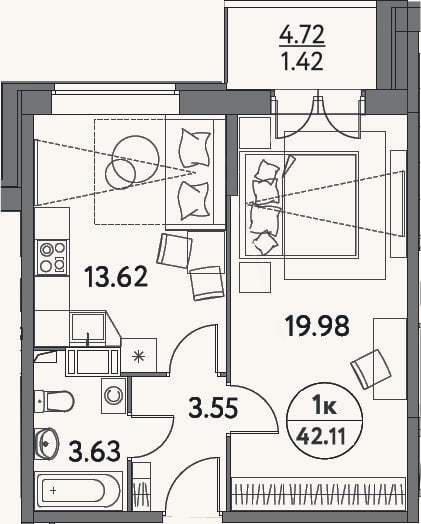 Планировка: 1-к, 40,7 м²
