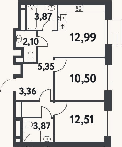 Планировка: 2-к, 54,6 м²