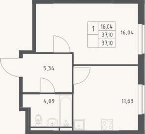 Планировка: 1-к, 37,1 м²