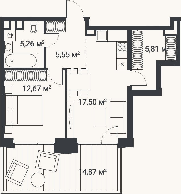 Планировка: 1-к, 46,8 м²