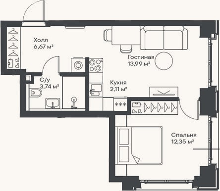 Планировка: 2-к, 38,9 м²