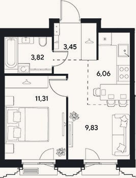 Планировка: 2-к, 34,5 м²