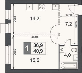 Планировка: 1-к, 40,9 м²