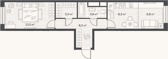 Планировка: 2-к, 44 м²