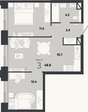 Планировка: 3-к, 48,8 м²