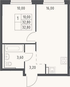 Планировка: 2-к, 32,8 м²