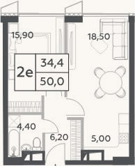 Планировка: 2-к, 50 м²