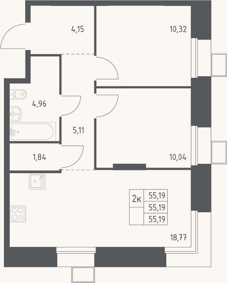 Планировка: 3-к, 55,2 м²