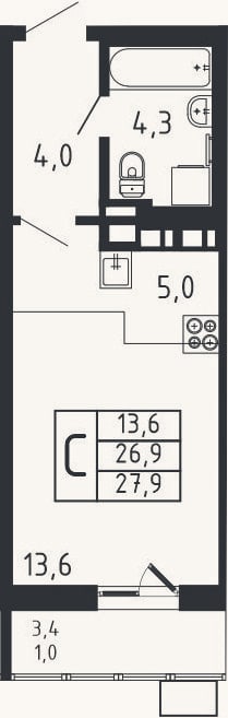 Планировка: Студия, 26,9 м²
