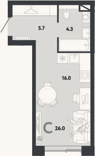 Планировка: Студия, 26 м²