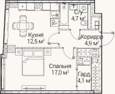 Планировка: 1-к, 43,1 м²